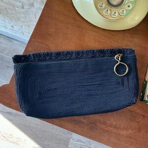 Vintage 1940s Navy Blue Corde Clutch Purse with Gold Tone Pull Loop Detail